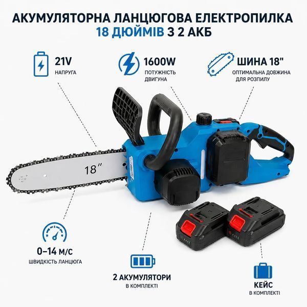 Акумуляторна ланцюгова електропила 18 дюймів із кейсом і 2 АКБ &bull; Бездротова пила для дерева, саду, дачі, заготівлі дров та обрізання гілок 57851 фото